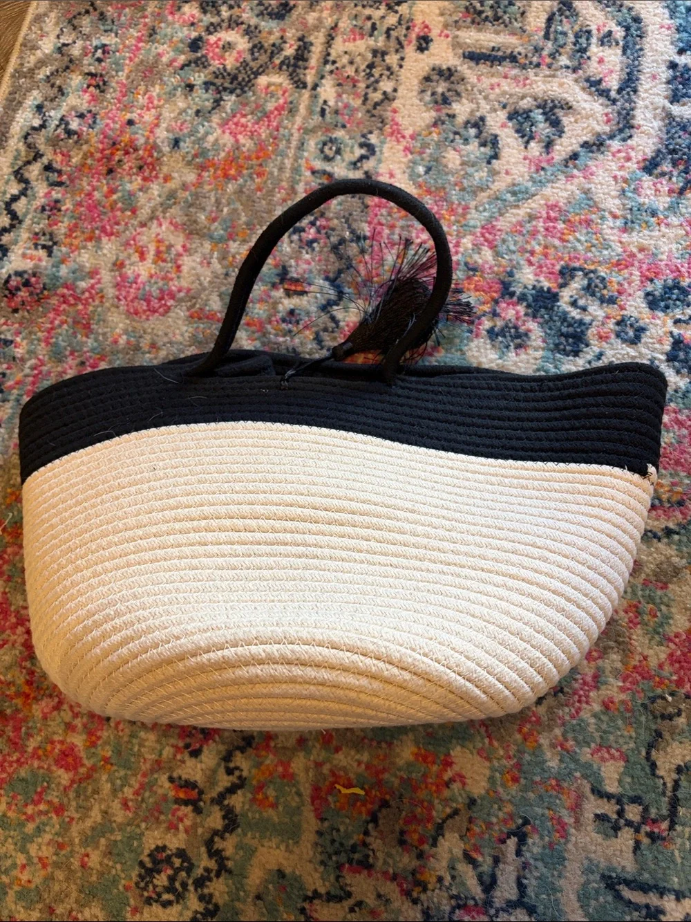 Two-Tone Black and Cream Woven Tote Bag